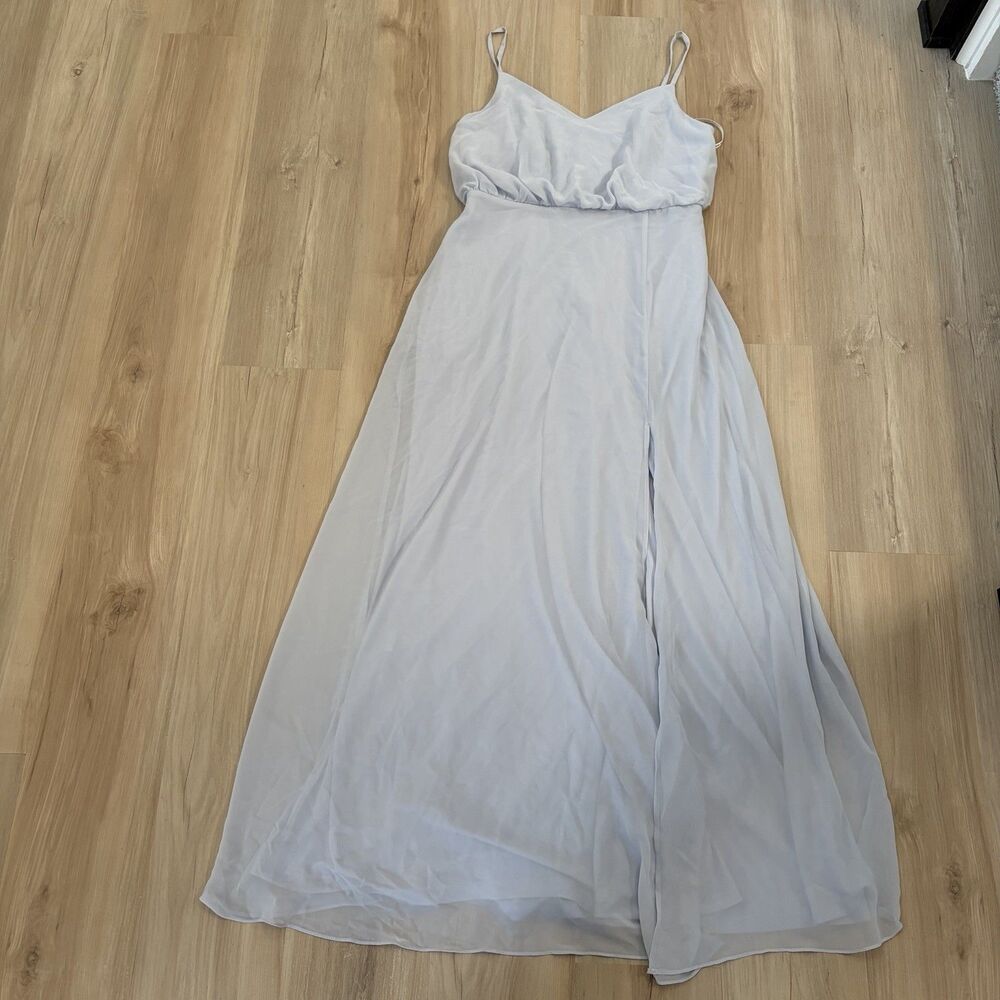 Birdy Grey Dress Chiffon Periwinkle Pockets Maxi Slit Bridesmaid Formal Sz L